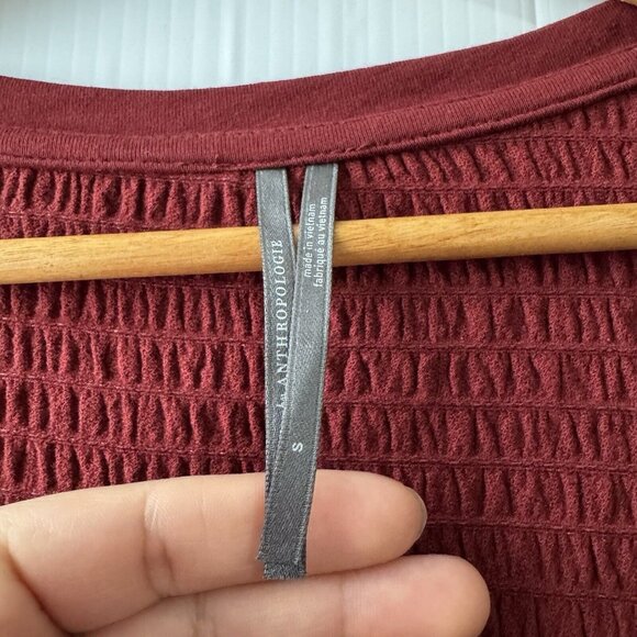 Anthropologie Smocked Bell Sleeve Top Shirt Blouse Wine Red Burgundy Sz Small - Picture 4 of 15